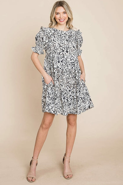 Printed Ruffle Short Sleeve Tiered Swing Dress