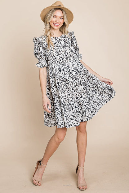 Printed Ruffle Short Sleeve Tiered Swing Dress