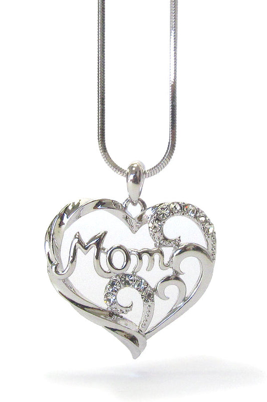 WHITEGOLD PLATING MOTHERS DAY CRYSTAL MOM HEART PENDANT
