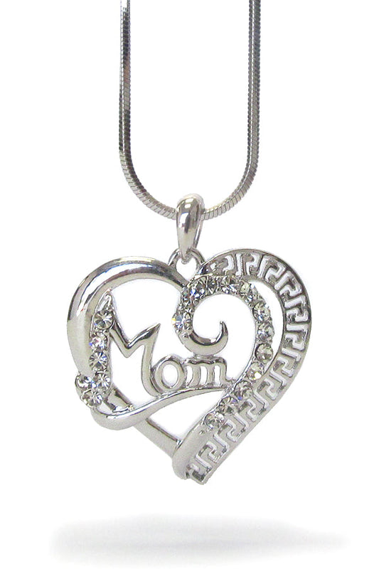 WHITEGOLD PLATING MOTHERS DAY CRYSTAL MOM HEART PENDANT